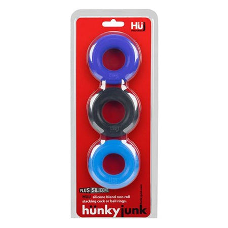 Hunkyjunk HUJ3 C-Ring 3-Pack; durable silicone blend cock or ball rings in assorted colors.