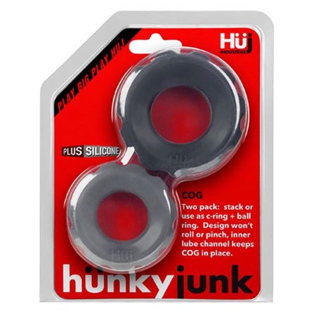 Hunkyjunk COG 2 Size C-Ring Pack in retail packaging featuring small and large rubbery rings designed for versatile play, made from plus+silicone™ blend.