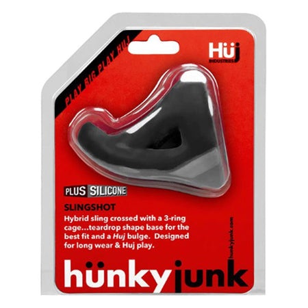 Hunkyjunk SLINGSHOT 3-ring teardrop cock ring in black silicone packaging