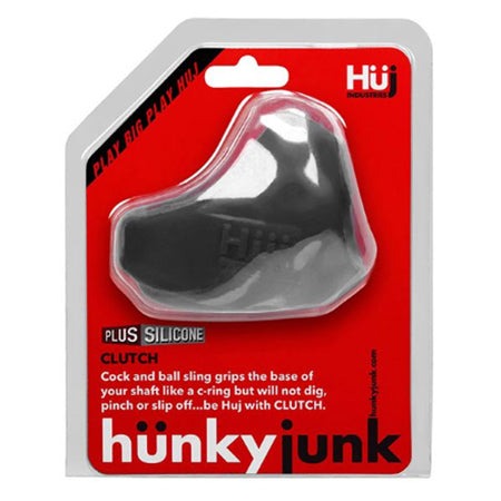 Hunkyjunk CLUTCH cockball sling in black plus silicone, ergonomic cock and ball ring for comfort and support.