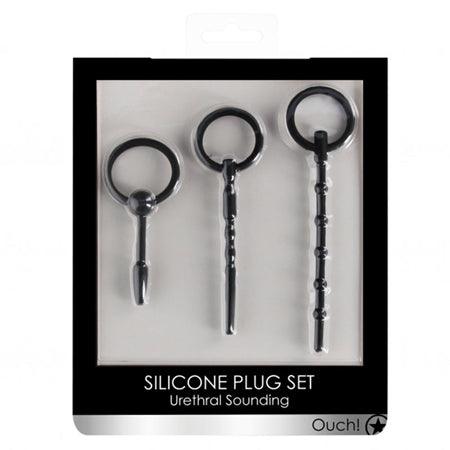 Ouch! Urethral Sounding 3-piece black silicone plug set with tapered tips and ring handles for safe urethral play