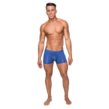 Male Power Seamless Sleek Short with sheer pouch in blue, providing a stylish and supportive fit.