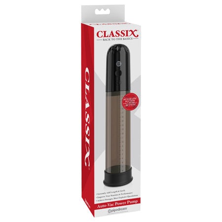 Pipedream Classix Auto-Vac Power Pump in packaging with transparent cylinder and intuitive controls.