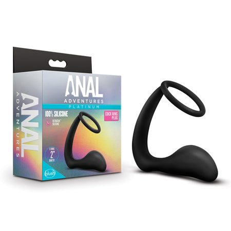 Blush Anal Adventures Platinum Silicone Cock Ring Plug in black, featuring a smooth design for enhanced pleasure and prostate stimulation, easy to clean and body-safe.