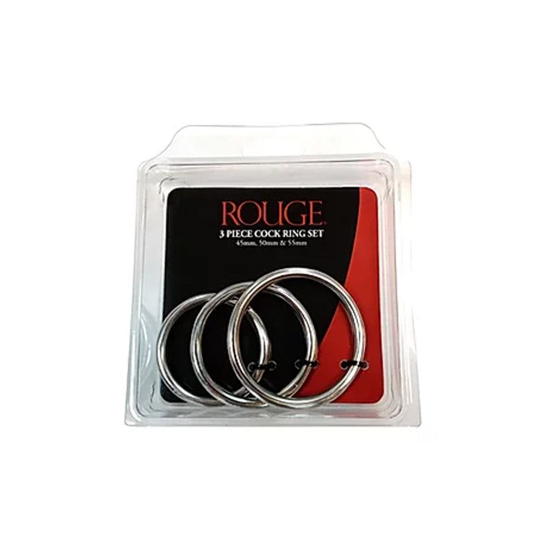Stainless Steel 3 Piece Cock Ring Set with 55mm, 50mm, and 45mm rings in clear clamshell packaging