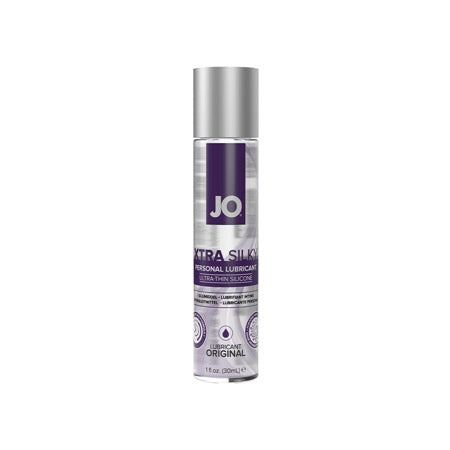 JO Xtra Silky Silicone Lubricant bottle with Vitamin E for enhanced pleasure and moisturization.