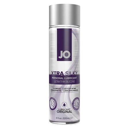 JO Xtra Silky Silicone Lubricant bottle with Vitamin E for ultimate pleasure.