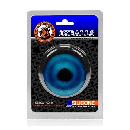 OxBalls Big Ox Cockring in packaging, body-safe silicone design, blue color.