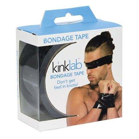 Kinklab Bondage Tape - Black in packaging with model showing bondage use.