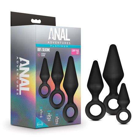 Blush Anal Adventures Platinum Silicone 3-piece black loop plug kit with graduated sizes for anal play