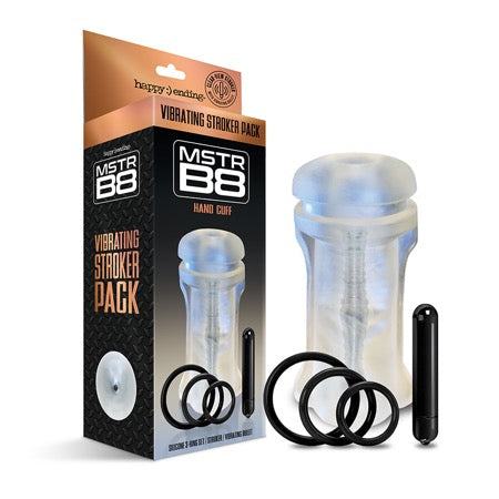 Happy Ending Mstr B8 Vibrating Stroker Pack with vibrating stroker, rings, and lubricant for enhanced solo play.
