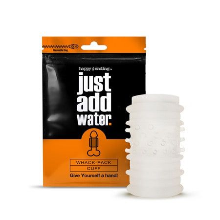 Happy Ending Just Add Water self-lubricating Whack Pack cuff with textured sleeve and orange-black packaging