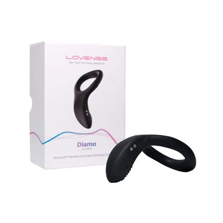 Lovense Diamo Cock Ring in black with packaging, premium silicone vibrating ring enhancing stamina and pleasure.