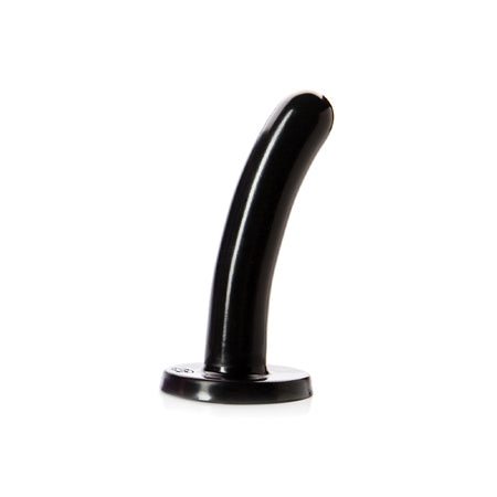 Tantus Silk Premium Silicone Dildo, smooth black design, harness compatible, body-safe material.