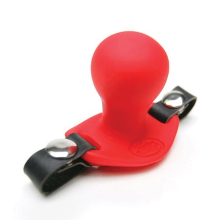 Tantus Beginner Ball Gag with red silicone mouthpiece and adjustable black leather straps for comfortable beginner bondage play