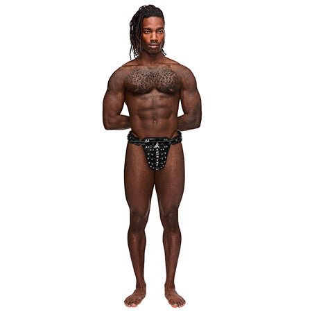 Male Power Leather Taurus Black OS thong with cage pouch and adjustable buckle.