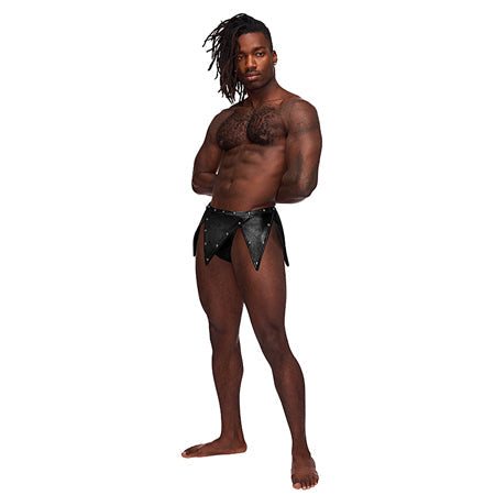 Male Power Fetish Eros Black Gladiator Kilt with Thong and Peephole, edgy lingerie garment.
