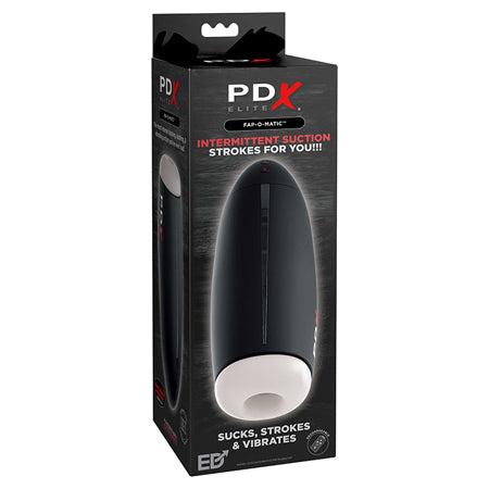 PDX Elite Fap-O-Matic Stroker packaging showing sleek black design and features.