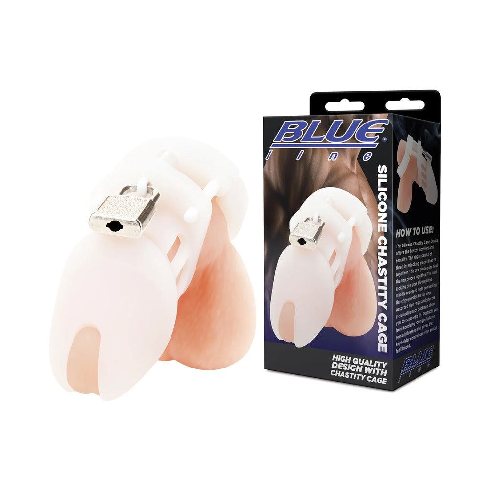 Blue Line Silicone Chastity Cage in white with secure lock and ventilation design, high-quality comfortable silicone device for erotic restraint.