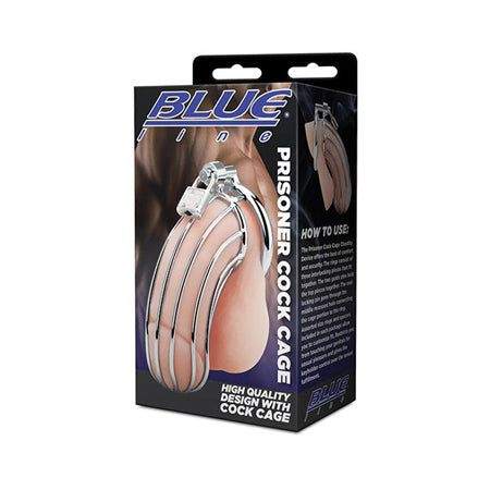 Blue Line Prisoner Cock Cage Silver packaging showing sleek stainless steel design.