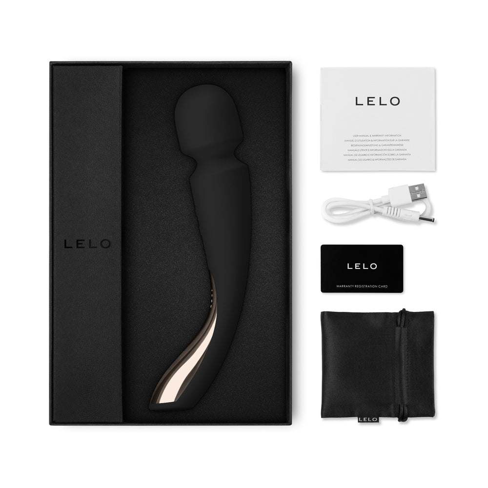 LELO SMART WAND 2 Medium Rechargeable Wand Vibrator Black in packaging with accessories.