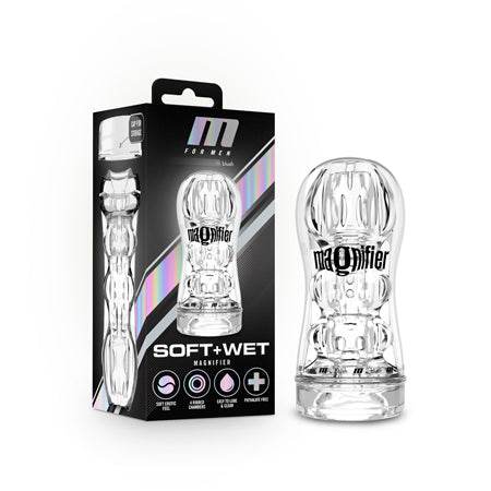 Blush M for Men Soft + Wet Magnifier clear self-lubricating male stroker with textured interior and see-through design.