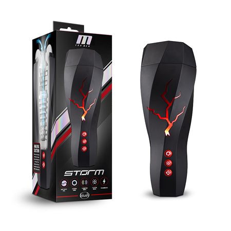 Blush M for Men Storm rechargeable vibrating suction masturbator with sleek black design and red crack pattern.