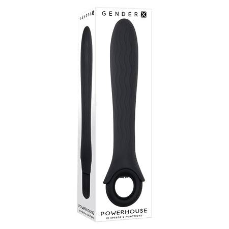 Gender X Powerhouse black silicone vibrator with textured shaft and ring handle in packaging