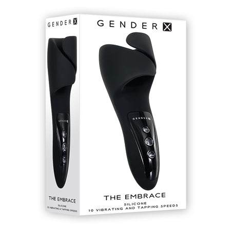 Gender X - The Embrace Pulsating Masturbator black silicone sex toy with 10 vibrating and tapping speeds in sleek packaging