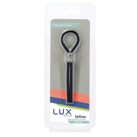 Lux Active Tether adjustable black silicone lasso style cock tie in retail packaging