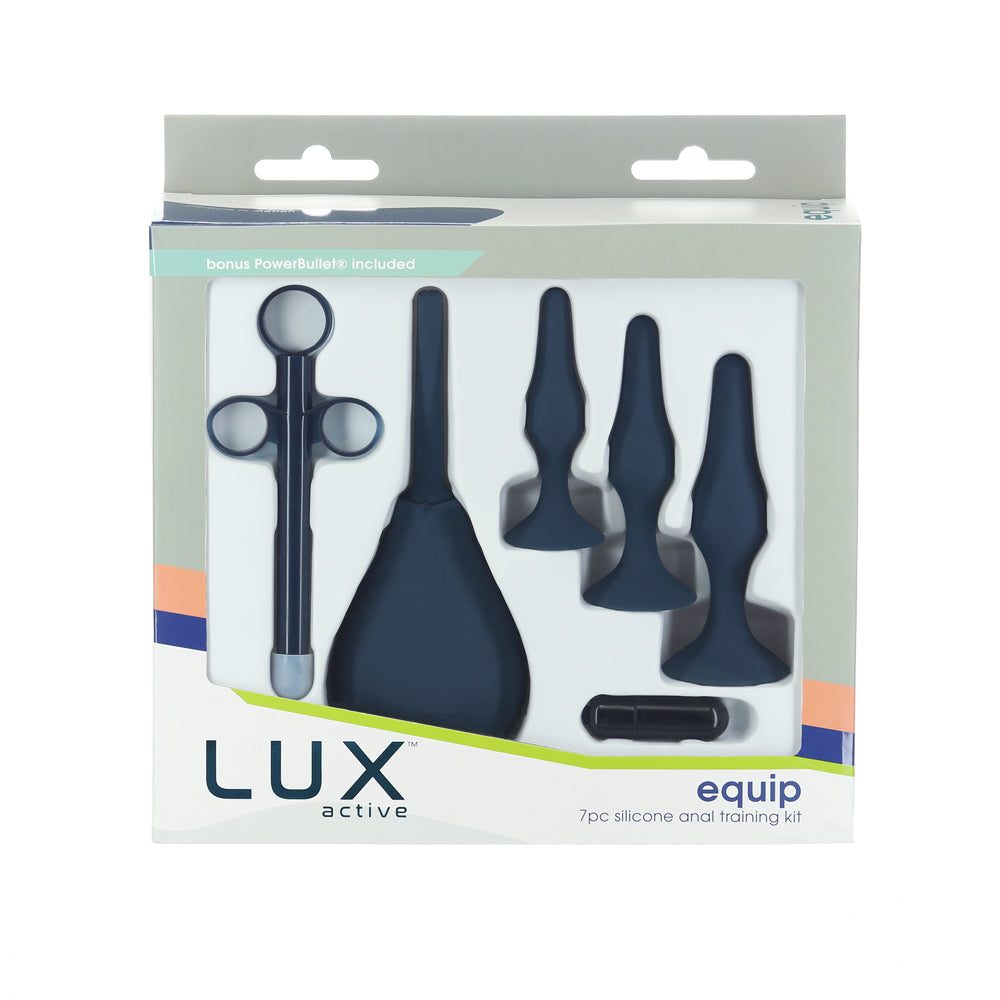 Lux Active Equip 7-Piece Anal Training Kit Silicone Black packaging with seven silicone butt plugs in various sizes.