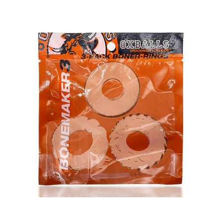 OxBalls Bonemaker 3-Pack Boner Cockring Kit in packaging, featuring three stretchy FLEXtpr rings for enhanced performance.