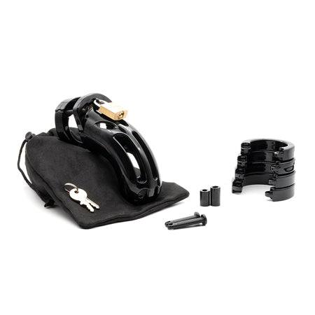 The Curve Black Male Chastity Device with lock, keys, adjustable rings, and storage pouch in black for BDSM play