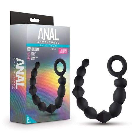 Blush Anal Adventures Platinum Silicone beginner anal beads in black with graduated sizes and flexible design for comfortable and safe anal play.