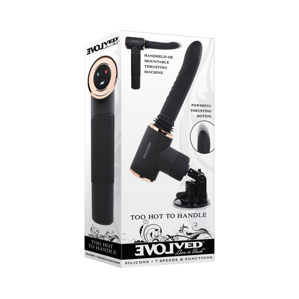 Evolved Too Hot To Handle rechargeable black silicone thrusting sex machine with adjustable suction mount and 7 speeds.