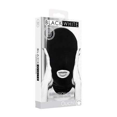 Ouch! Black & White Submission Mask black spandex with open mouth design in packaging