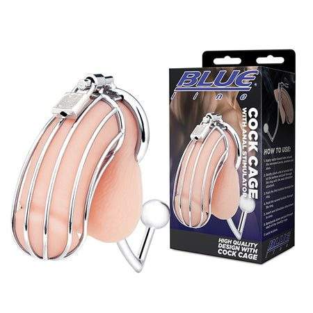 Blue Line Metal Cock Cage with Anal Stimulator packaging and product display.