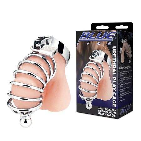 Blue Line C & B Gear urethral play cage with adjustable locking mechanism and catheter tube in silver metal design with packaging box