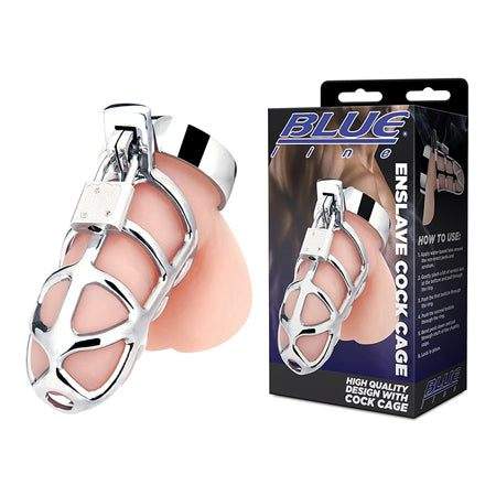 Blue Line C & B Gear Enslave Cock Cage made of stainless steel with secure lock for BDSM play and control.