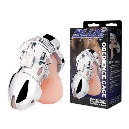 Metallic chastity device with lock, labeled "Blue Line Obedience Cage" on packaging.