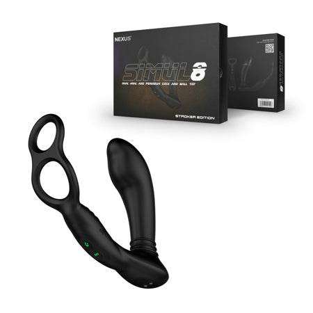 Nexus Simul8 Vibrating Anal Plug with Cock Ring in black silicone with packaging.