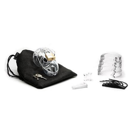 Mr. Stubb Ultimate Male Chastity Device with lock, keys, adjustable rings, and black storage pouch