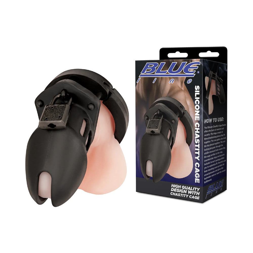 Blue Line Silicone Chastity Cage in black with adjustable straps and lock for secure BDSM control.