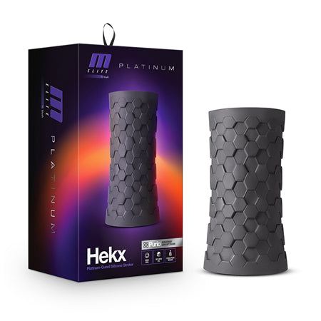 Blush M Elite Platinum Hekx silicone stroker with hexagonal textured exterior and ergonomic design displayed with packaging box