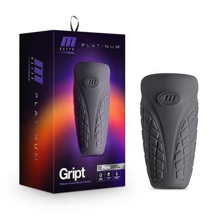 Blush M Elite Platinum Gript Silicone Stroker in black with ergonomic textured grip and premium silicone design.