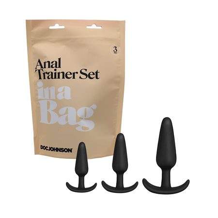 Doc Johnson 3-Piece Anal Trainer Set with three graduated butt plugs and storage bag.
