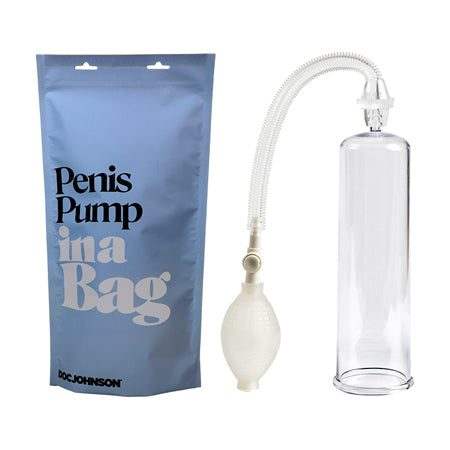 Doc Johnson Penis Pump In A Bag with clear cylinder and storage bag.