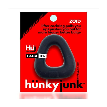 Hunkyjunk Zoid Trapezoid Lifter Cockring packaging, red and black, durable and stretchy material, ergonomic design.