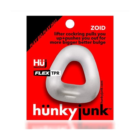Hunkyjunk Zoid Trapezoid Lifter Cockring packaging with trapezoid shape and lifter design.
