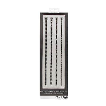 Ouch! Urethral Sounding Set with four black silicone spiral screw plugs in sizes 3mm to 6mm for beginners